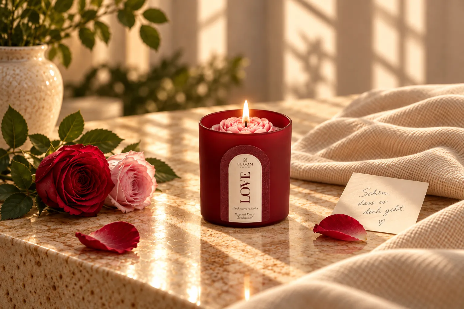 BLOOM MOODS LOVE Duftkerze mit Rosen und handgeschriebener Karte im warmen Licht
