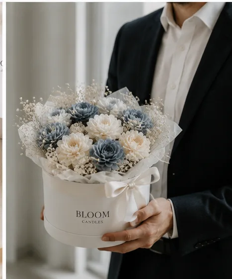 Bouquet mit blauen Wachsblüten als Firmengeschenk