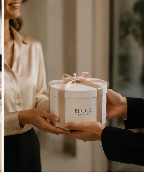 Übergabe einer weissen Bloom Candles Geschenkbox